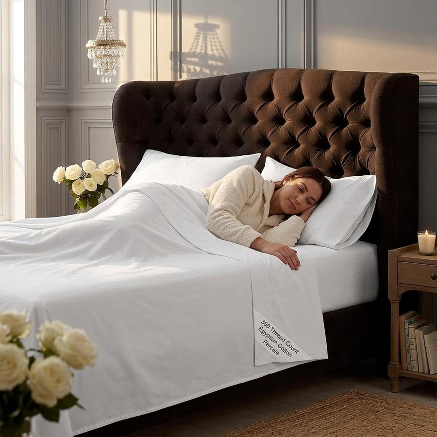 Egyptian Cotton Percale Sheets in White on a minimalist bed