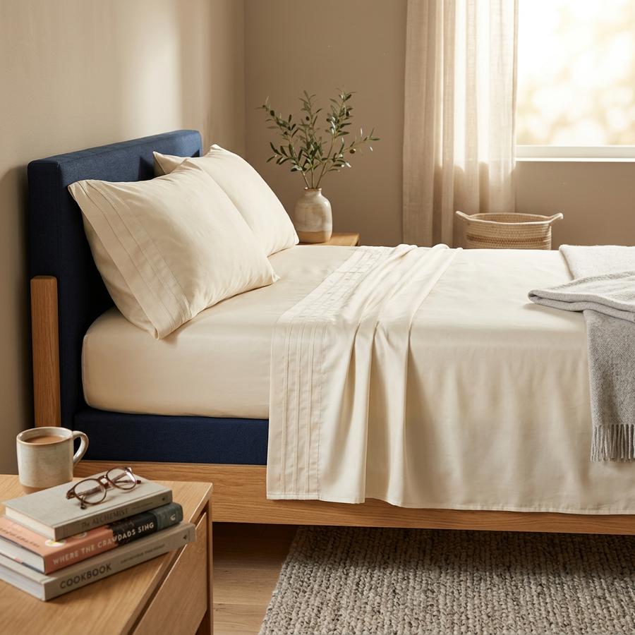Bamboo Sateen Sheets in Ivory in a bright bedroom