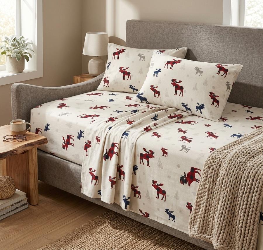 Flannel Sheets in Plaid Moose Print on a rustic bed